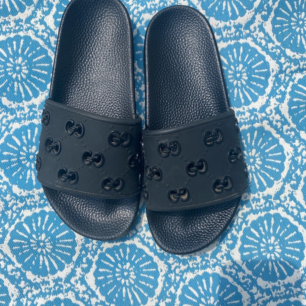 Black Slide Sandals with Logo Design